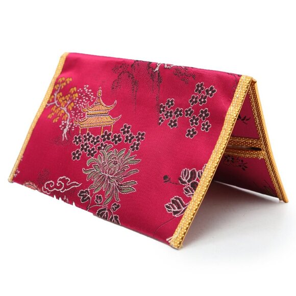 Satin Asian Design Tissue Wallet Chinese Red Pink Floral Embroidered - Picture 1 of 6